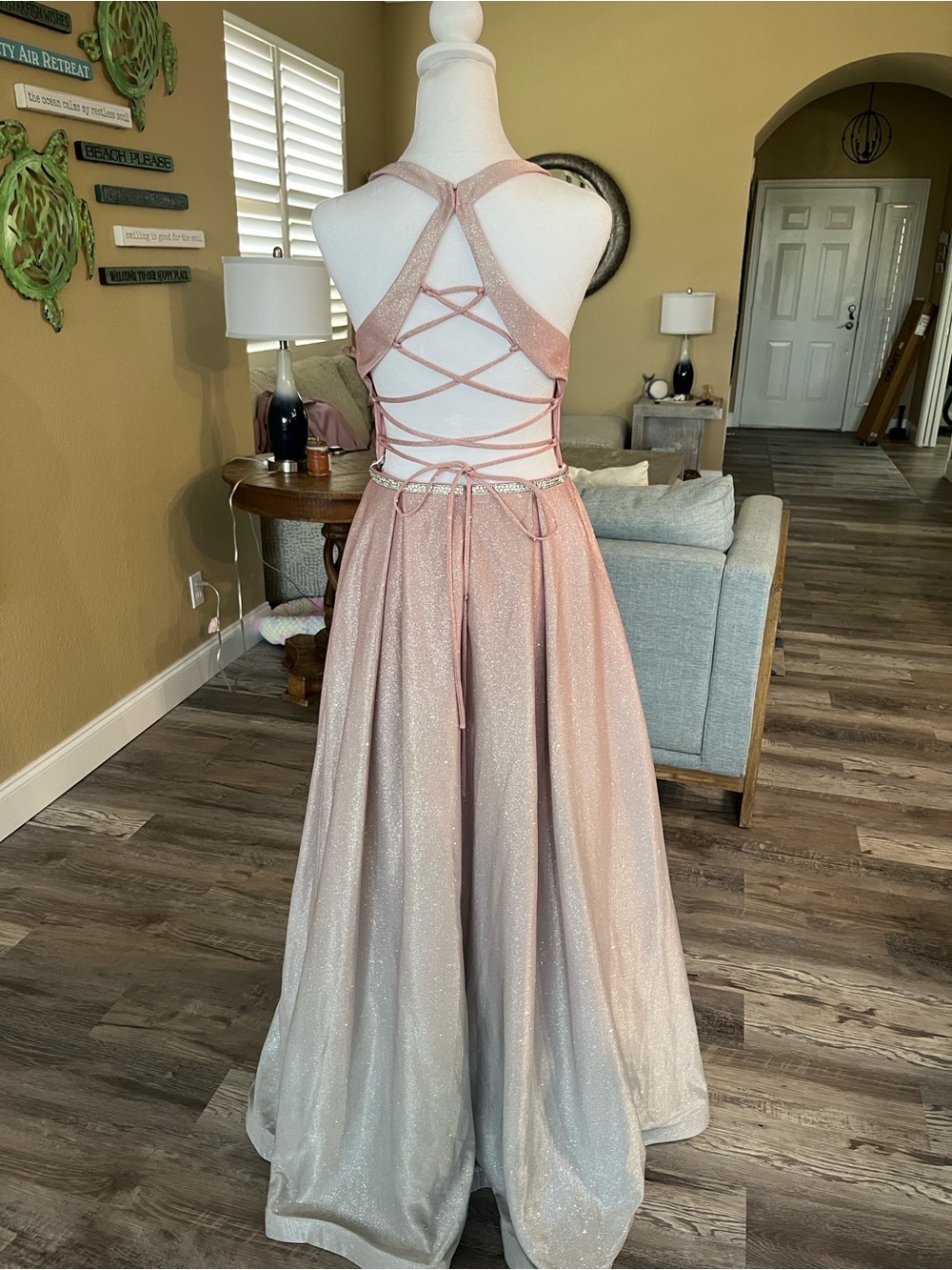 Elegant Sparkle Lace-Up Back Prom Dress in Blush Pink